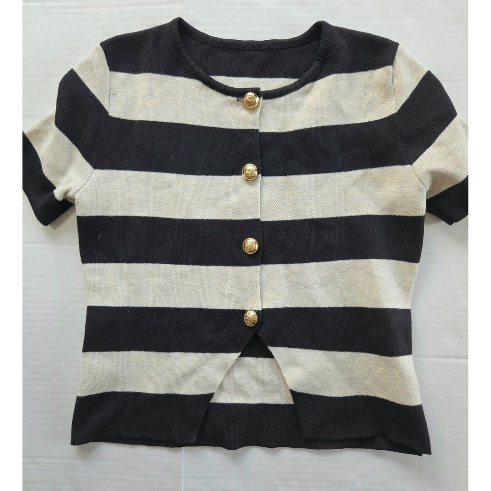 SHEIN Cardigan Women XS Black Cream Striped Short Sleeve Gold Button Cropped